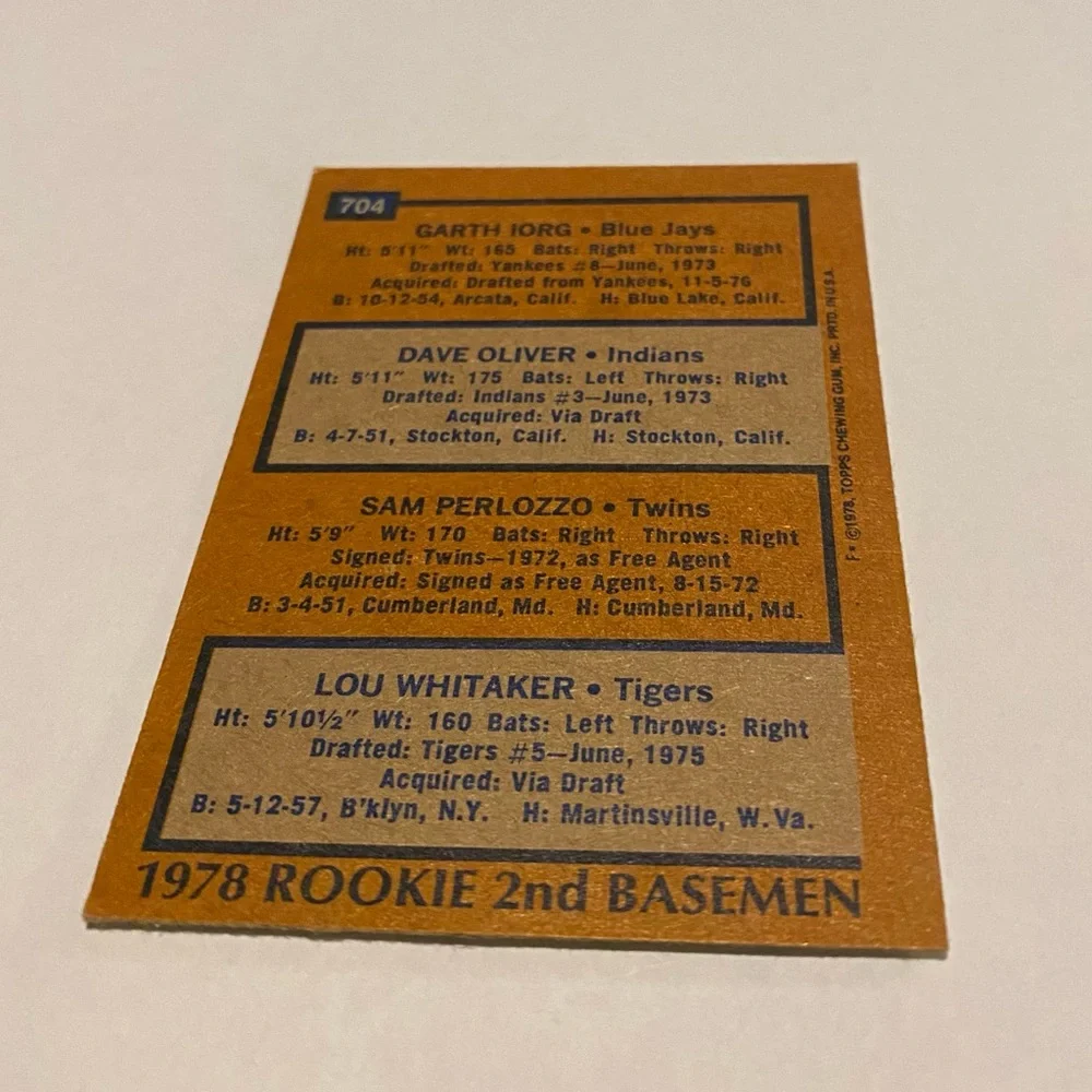 Lou Whitaker Rookie 1978 Topps Baseball Card G.Iorg/D.Oliver/S.Perlozzo Vintage